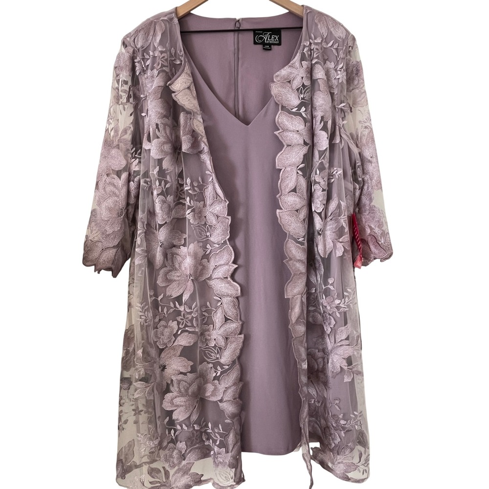 Alex Evenings 24W Lavender Embroidered Lace Mock Jacket Dress NWT Mother Bride